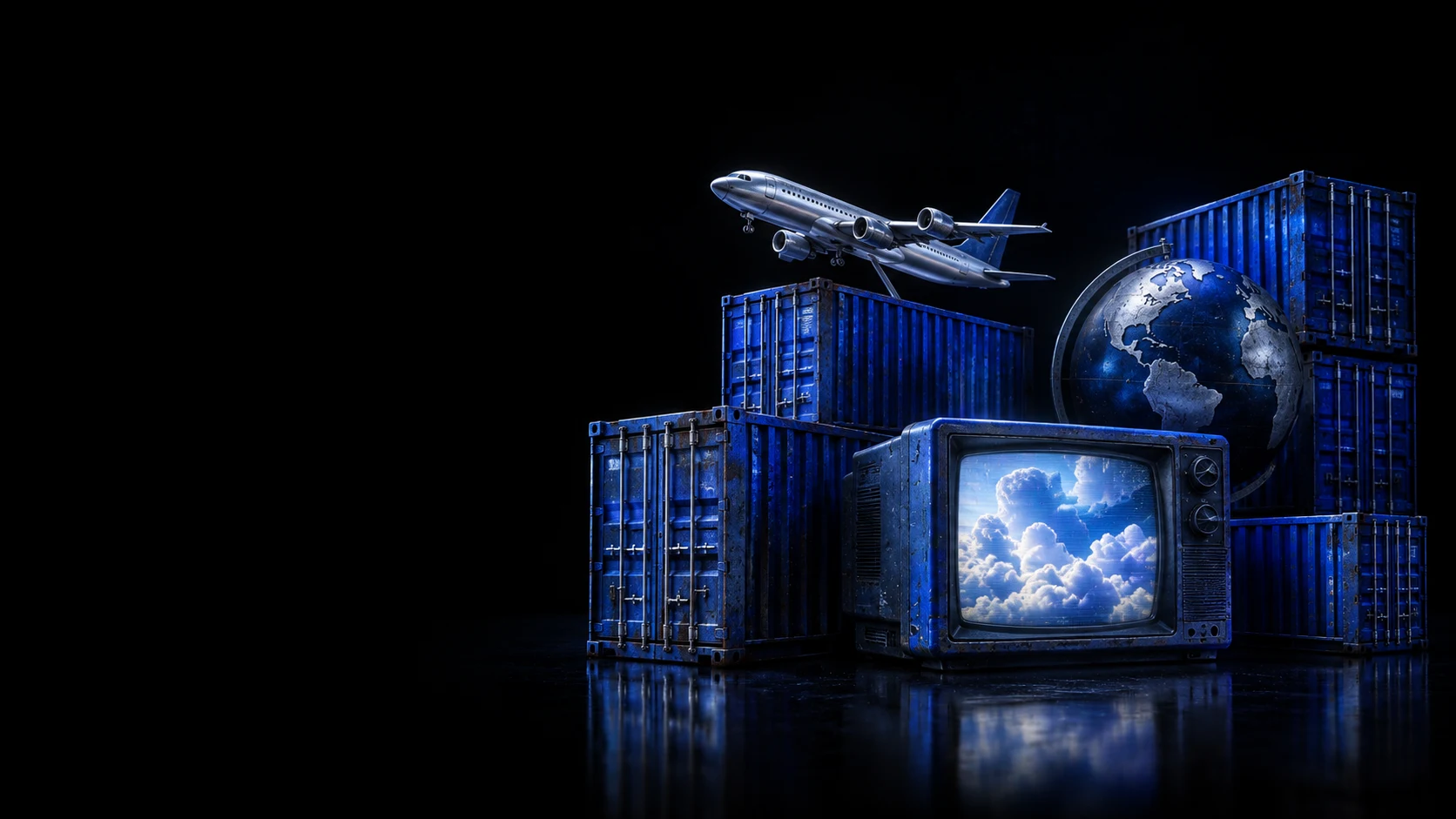 Avião prateado sobre contêineres azuis, globo e TV com nuvens
